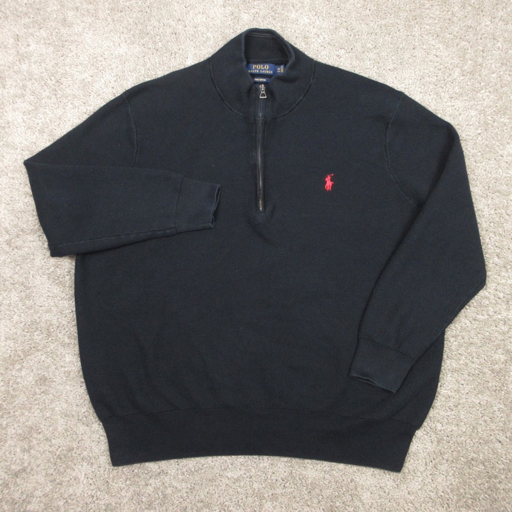 Polo Ralph Lauren Sweater Mens 2XB Black Pima Cotton Knit Quarter Zip Pullover